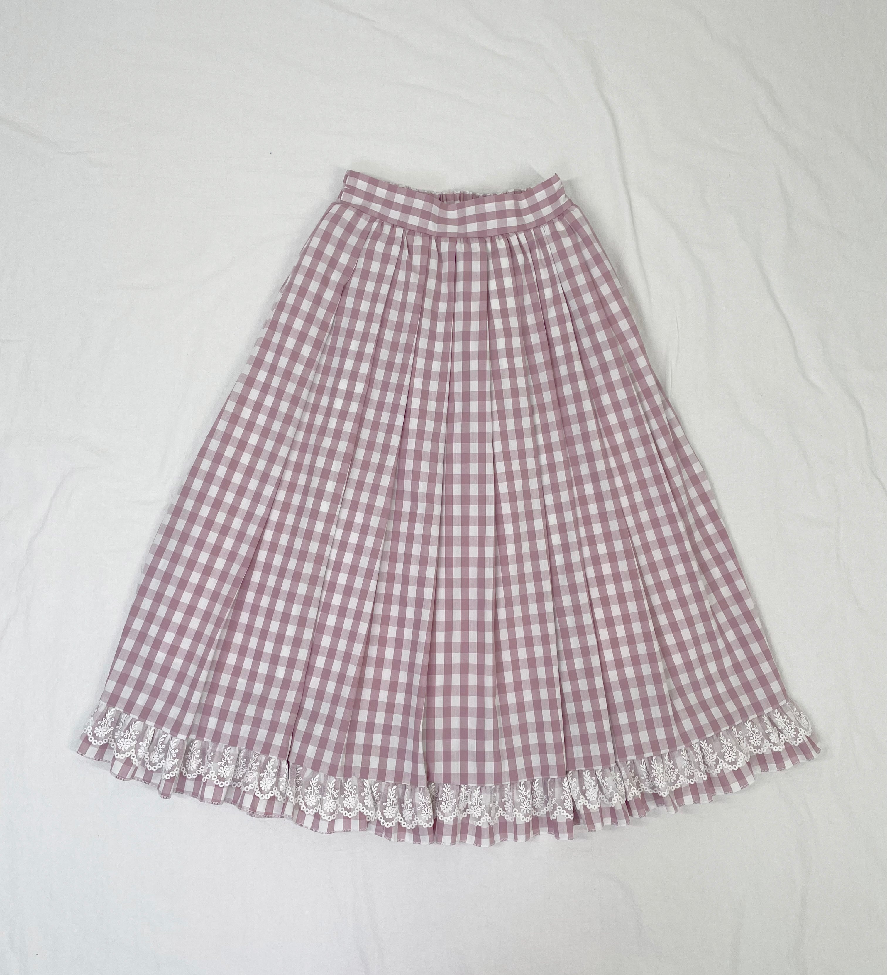 Long Elastic Waist Calf Length Ruffled Hem Pleated All-match Skirt Blue Plaid with Lace Edge